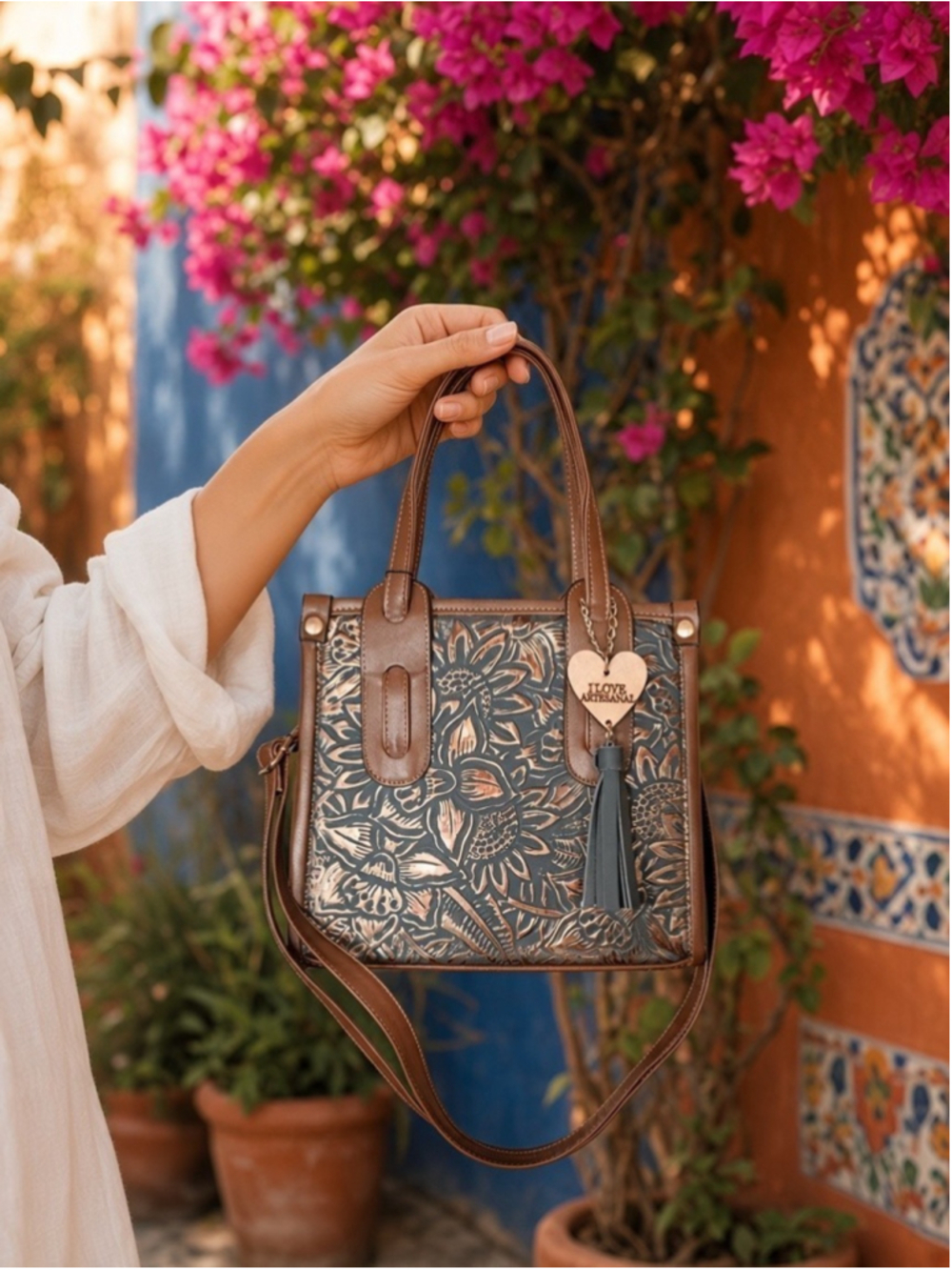 Tierra Bonita Stormy Blue Gray Floral Embossed Leather Artisan Handbag Crossbody